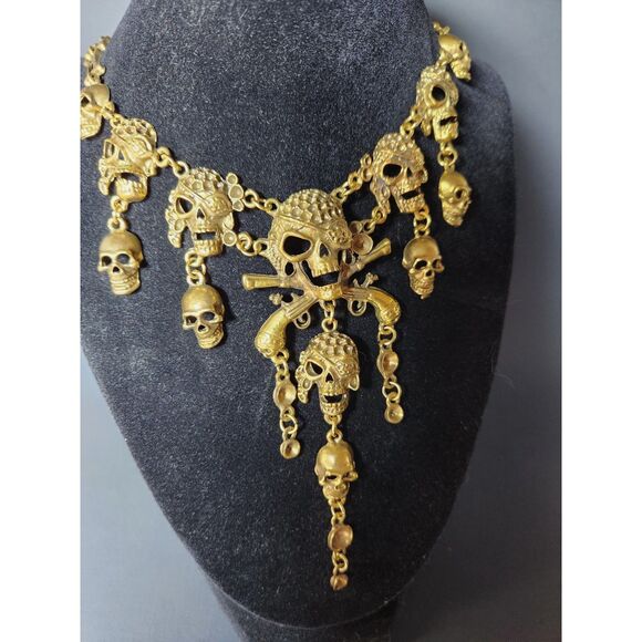 Gold Tone Skull & Crossbones Statement Necklace Gothic Punk Bones Chain Cosplay - Picture 8 of 8